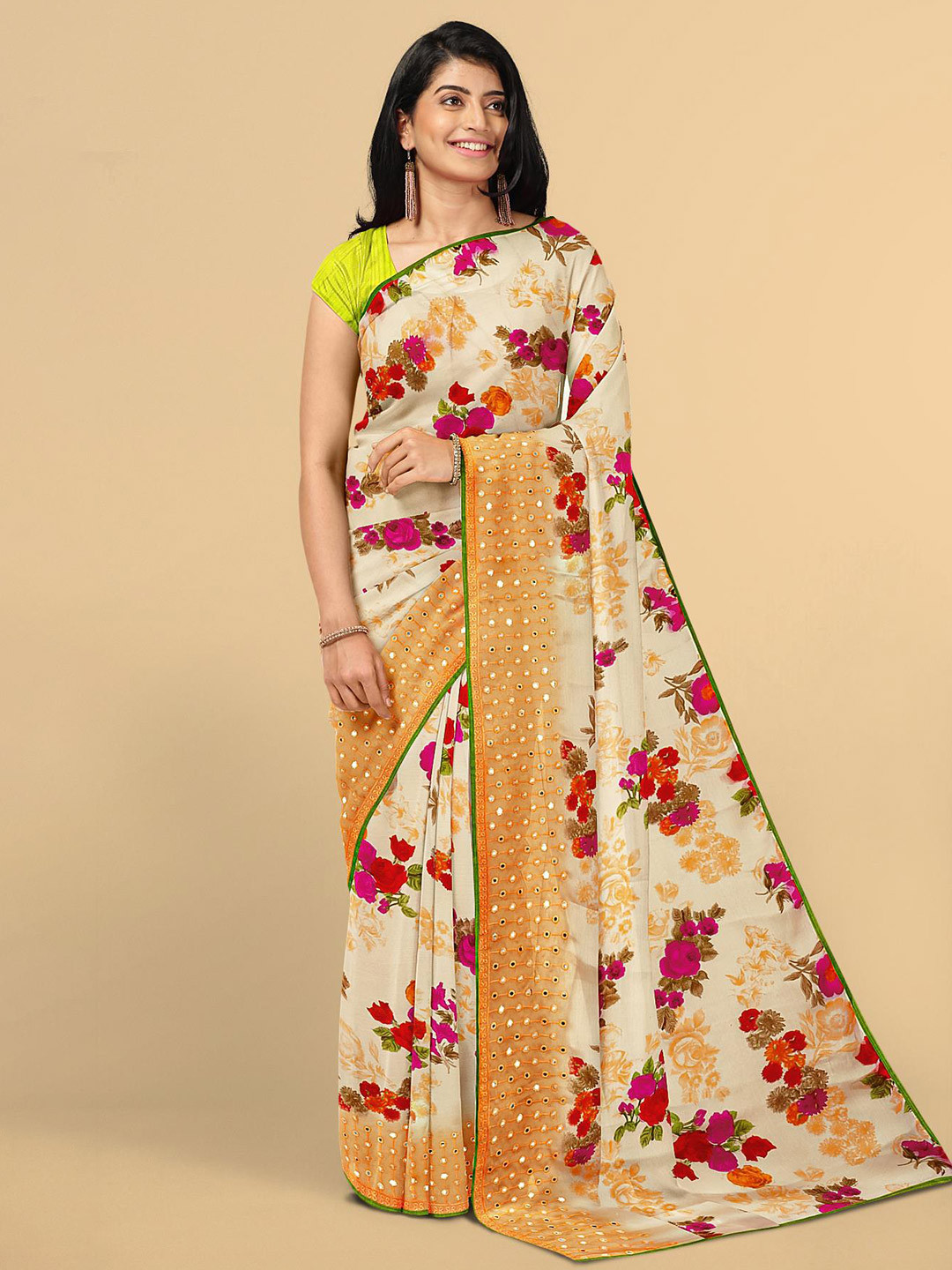 

Kalamandir Orange & Pink Floral Mirror Work Silk Blend Saree
