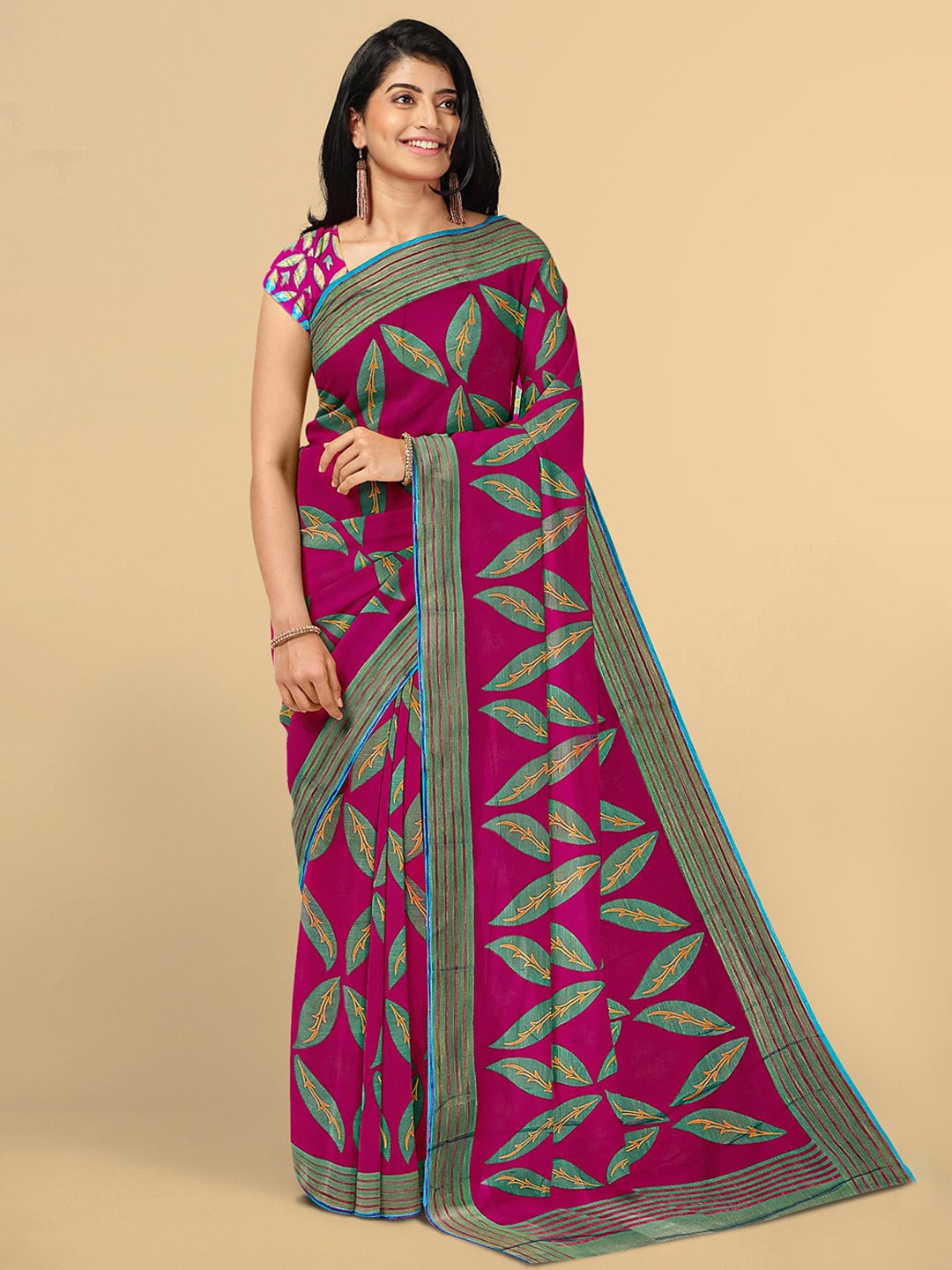 

Kalamandir Pink & Green Printed Silk Blend Saree