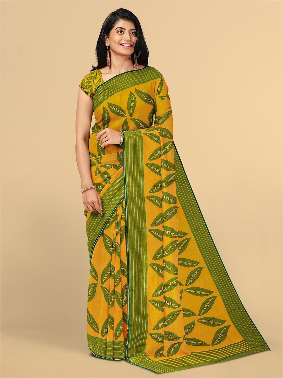 

Kalamandir Yellow & Green Floral Silk Blend Saree