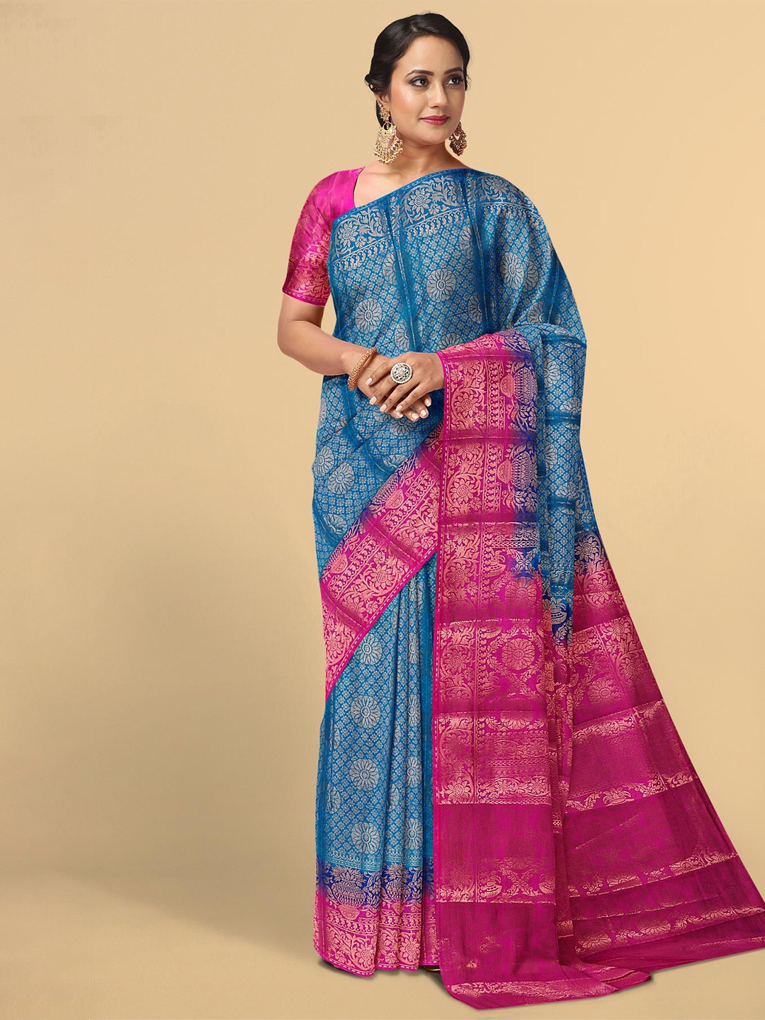 

Kalamandir Blue & Pink Floral Silk Blend Saree