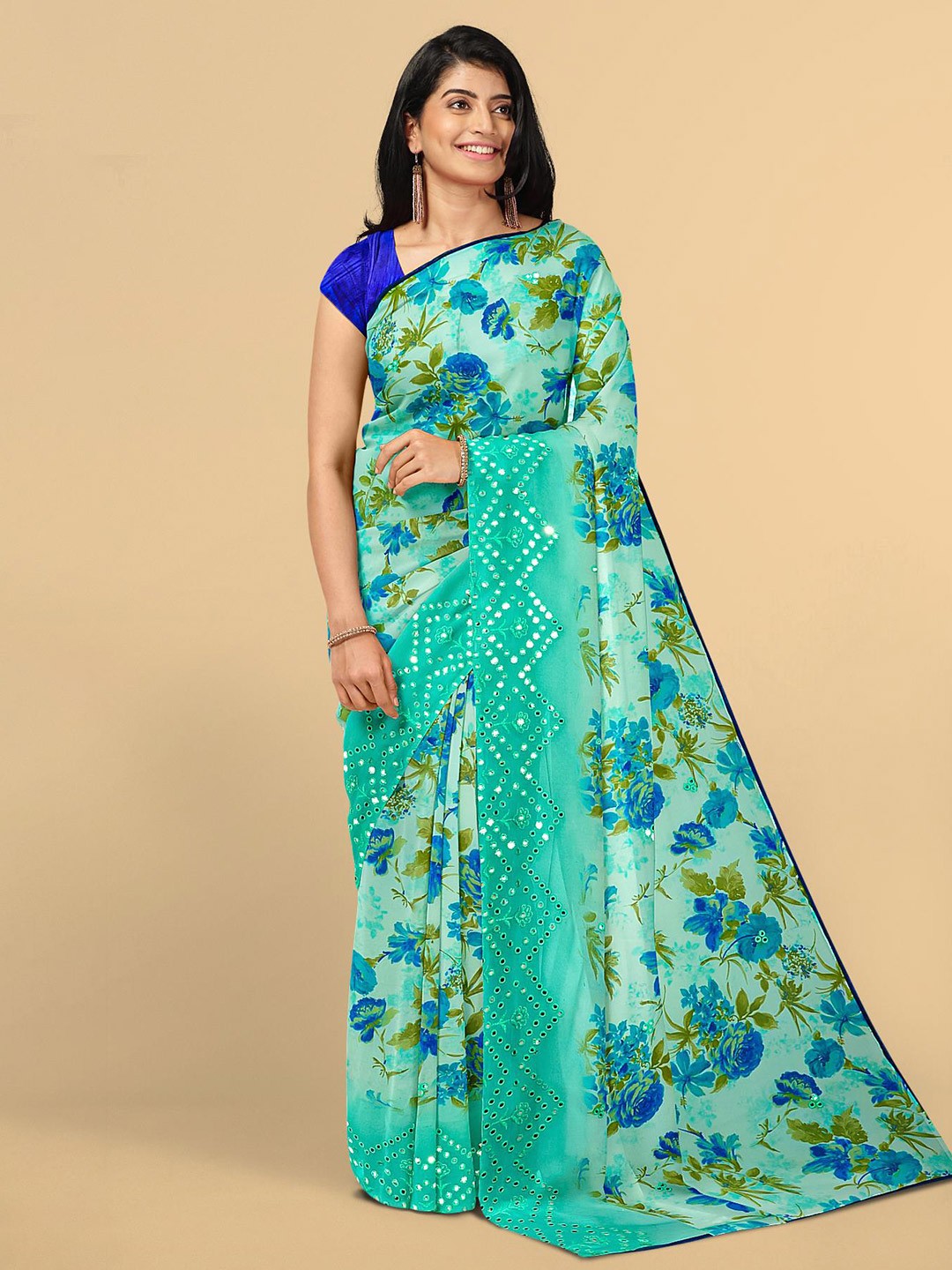 

Kalamandir Sea Green & Blue Floral Saree