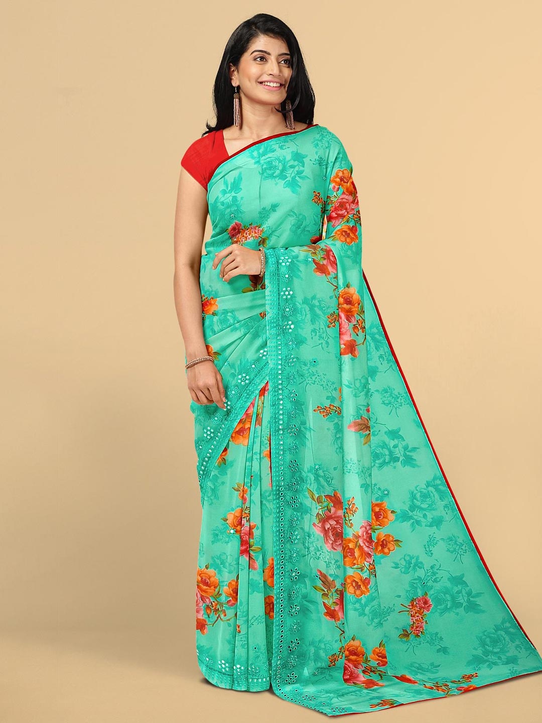 

Kalamandir Sea Green & Red Floral Mirror Work Saree