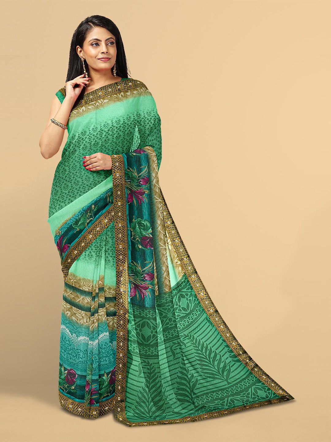 

Kalamandir Women Sea Green & Pink Floral Saree
