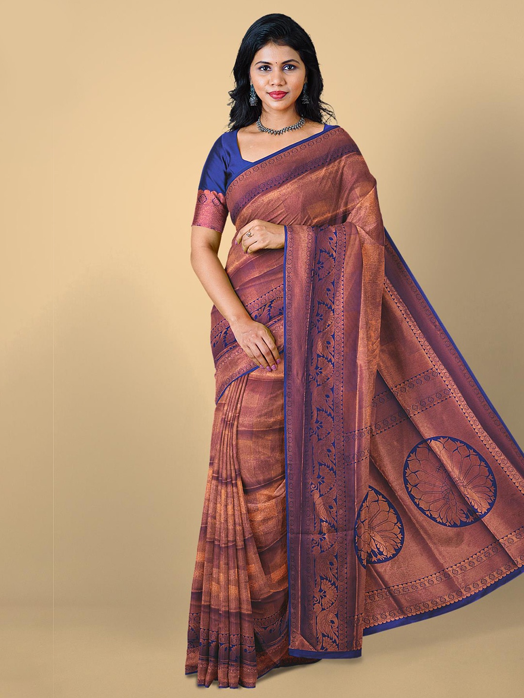 

Kalamandir Navy Blue & Copper-Toned Zari Silk Blend Saree