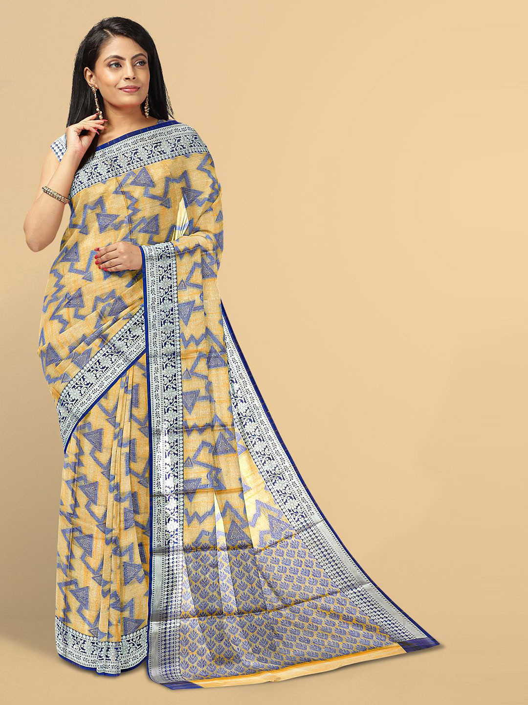 

Kalamandir Yellow & Silver-Toned Silk Blend Saree