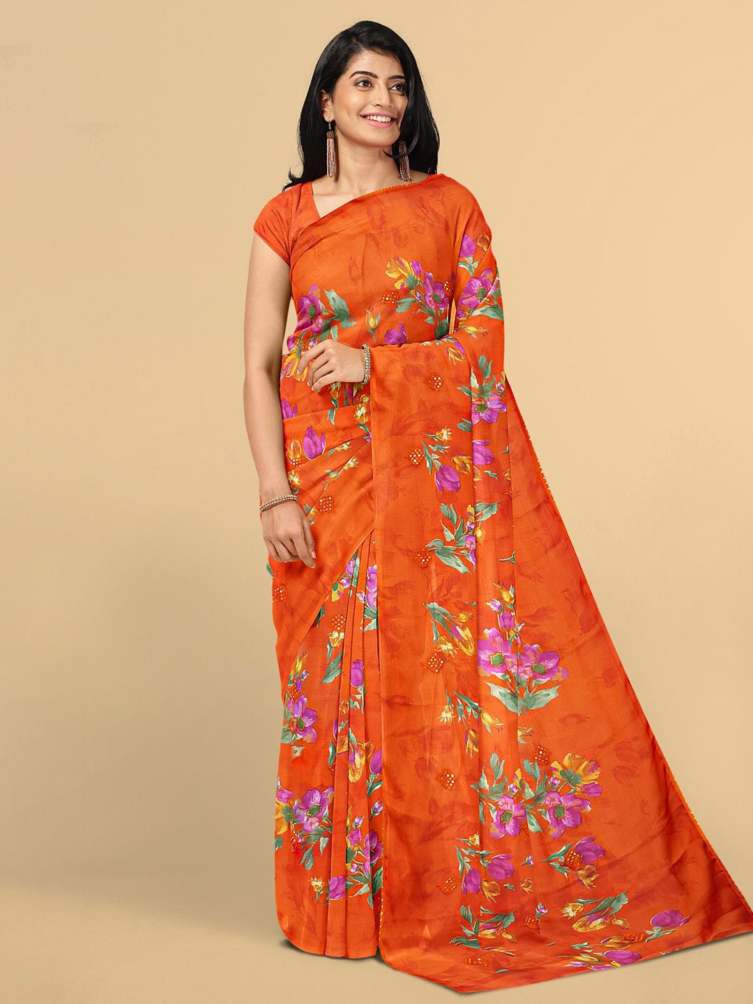 

Kalamandir Orange & Purple Floral Silk Blend Saree