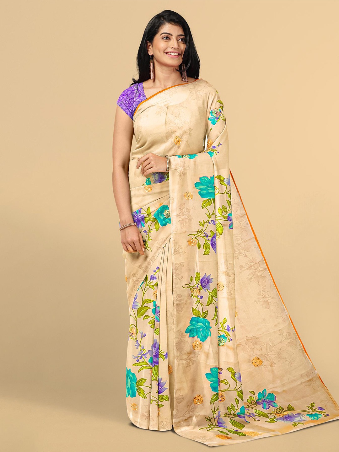 

Kalamandir Peach-Coloured Floral Silk Blend Saree