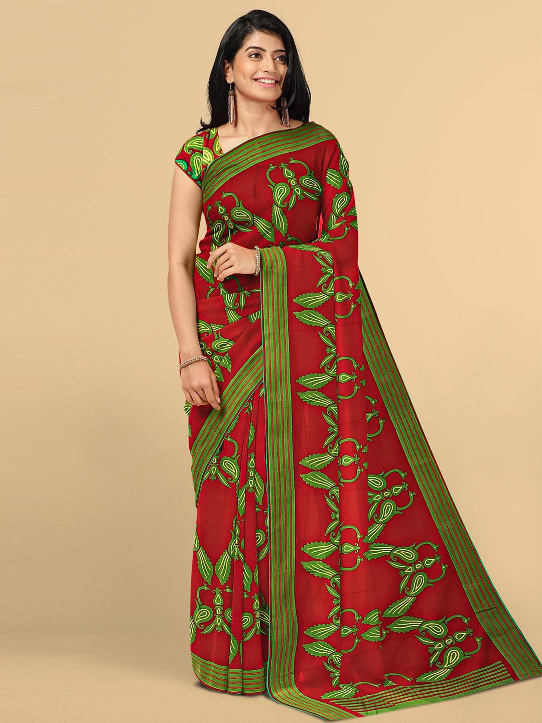 

Kalamandir Women Red & Green Paisley Silk Blend Saree