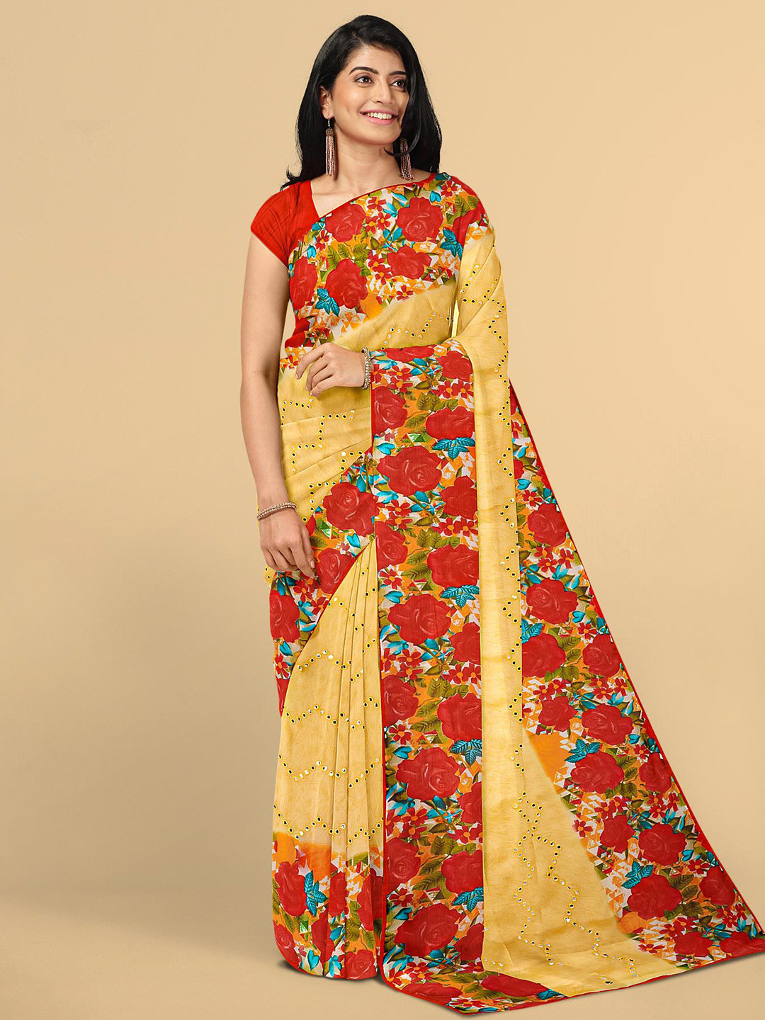 

Kalamandir Yellow & Red Floral Silk Blend Saree