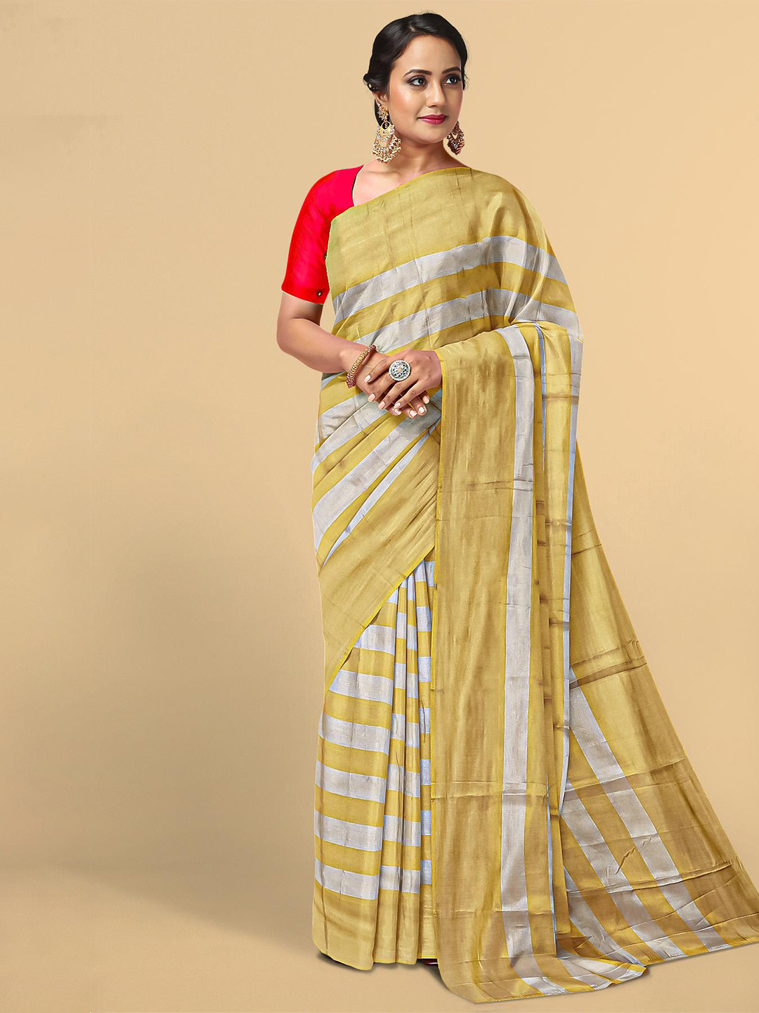 

Kalamandir Mustard & Grey Striped Zari Tissue Saree