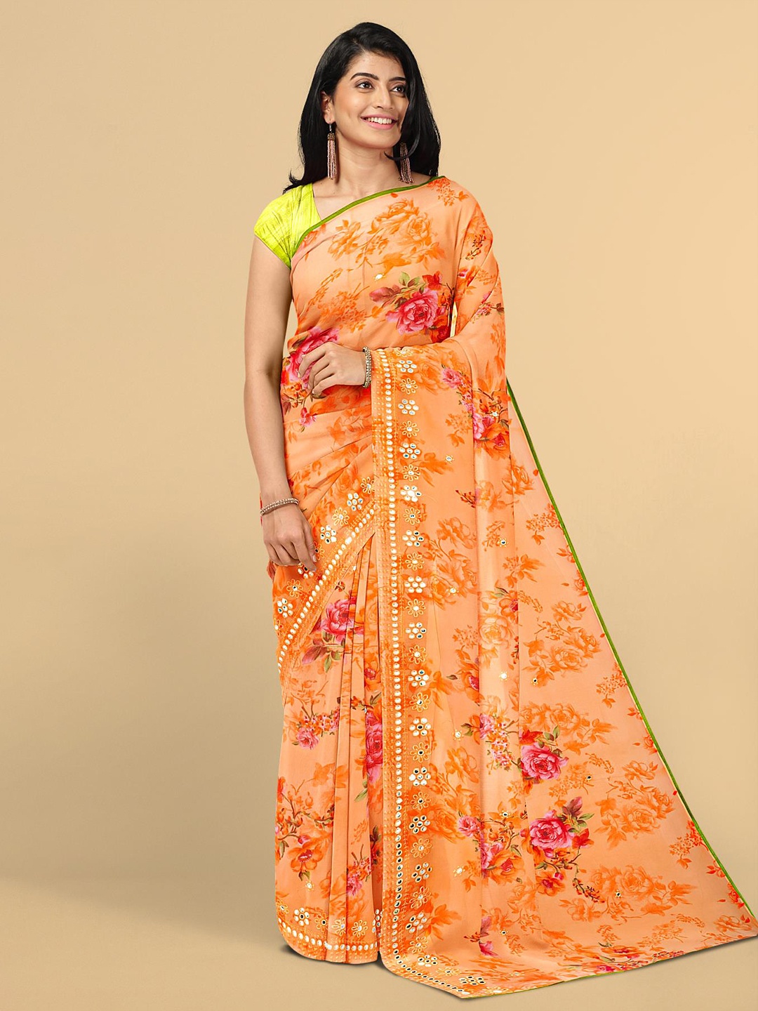 

Kalamandir Orange & Green Floral Saree