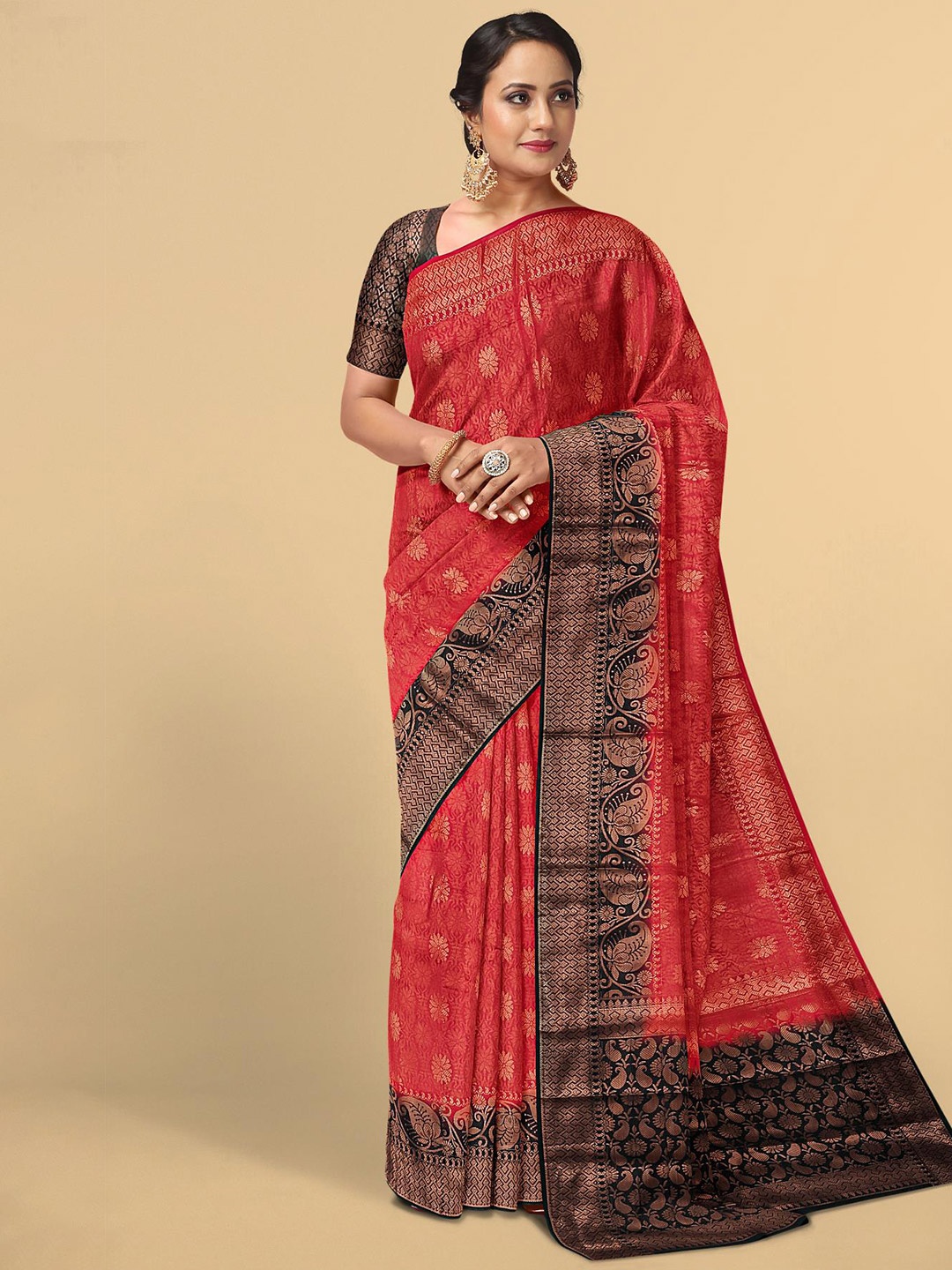 

Kalamandir Red & Navy Blue Floral Zari Silk Blend Saree