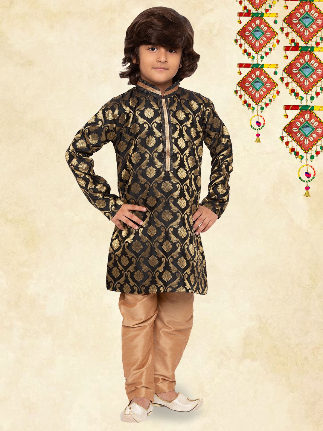 

YK Boys Black and Rose Gold Ethnic Motifs Brocade Kurta with Pyjama