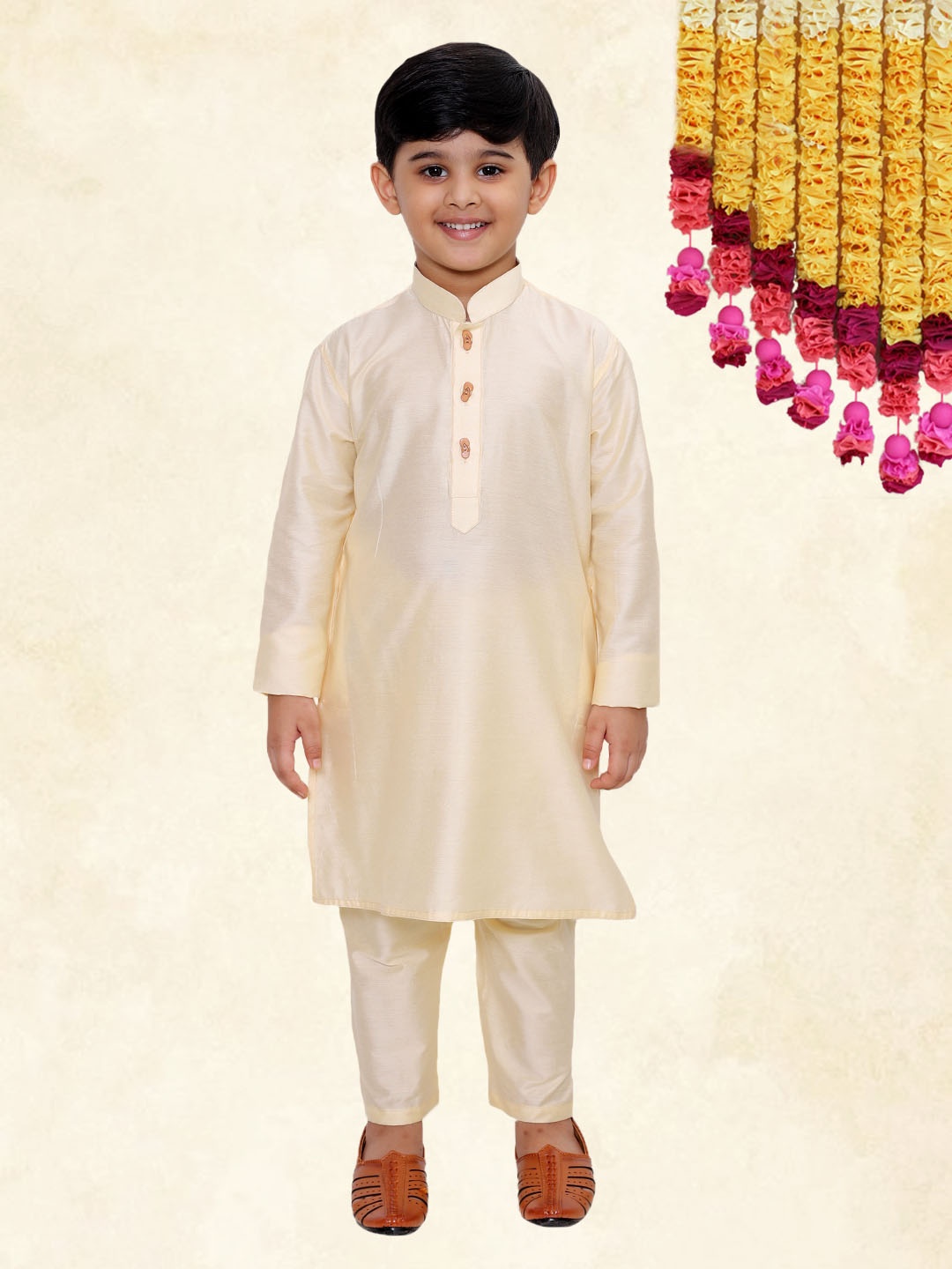 

YK Boys Cream Straight Mandarin Collar Kurta with Pyjama