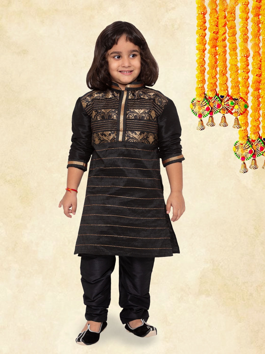 

YK Boys Black Straight Mandarin Collar Ethnic Motif Brocade Kurta with Churidar