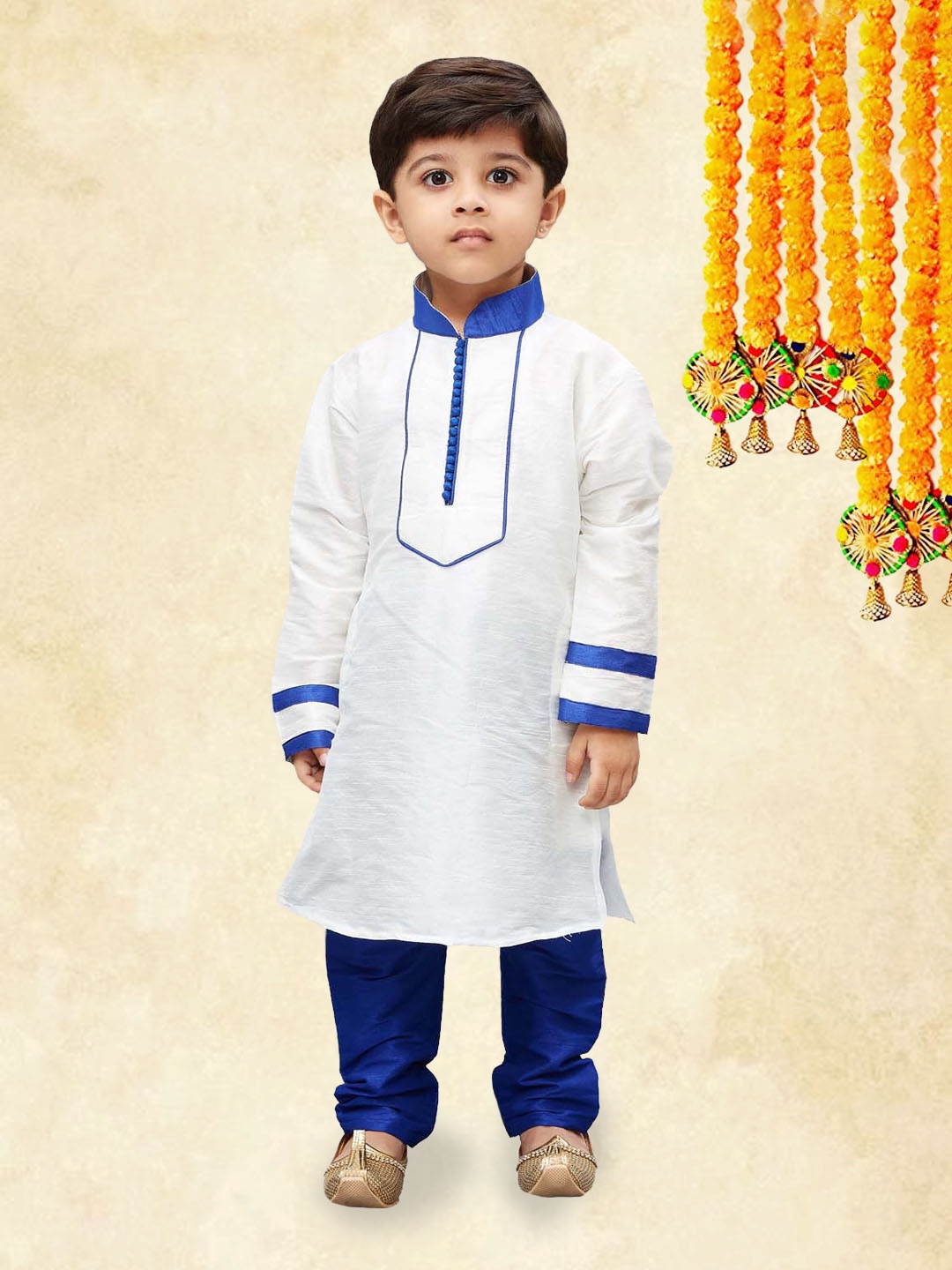 

YK Boys White Yoke Design Straight Mandarin Collar Kurta with Churidar