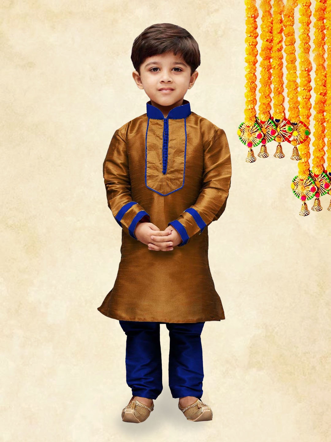 

YK Boys Coffee Brown Yoke Design Straight Mandarin Collar Kurta with Churidar