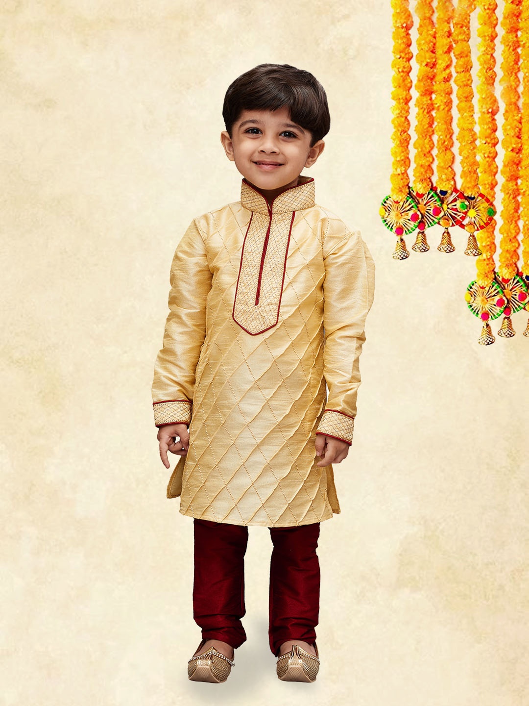 

YK Boys Gold & Maroon Mandarin Collar Thread Work Brocade Kurta with Churidar