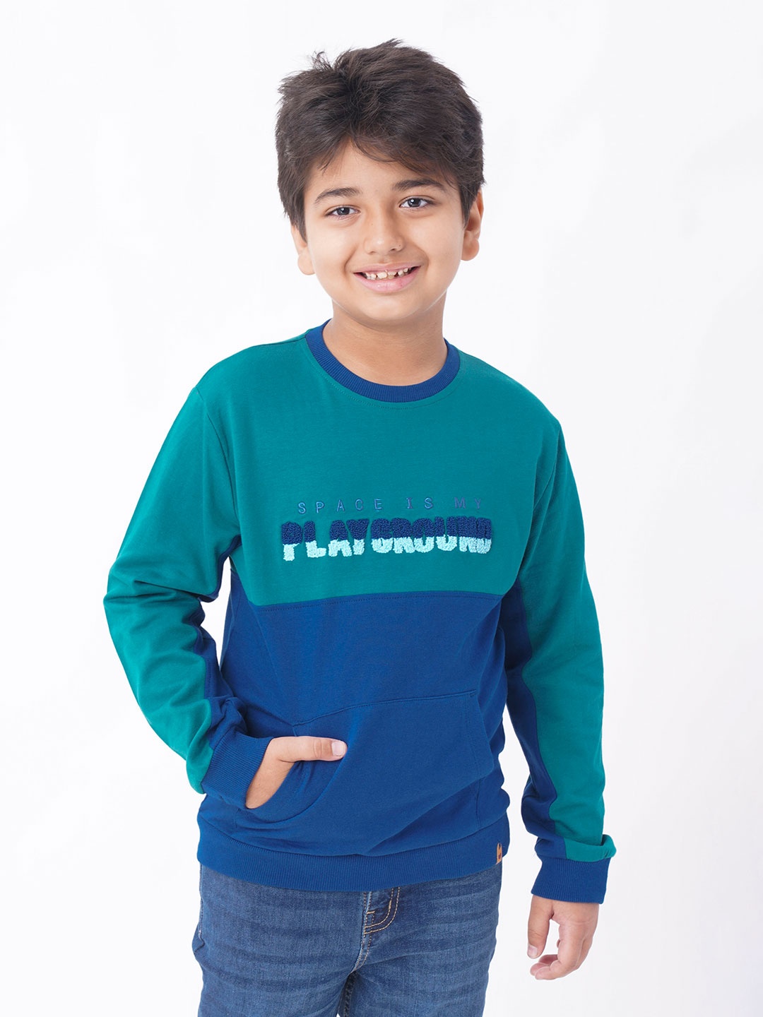 

Ed-a-Mamma Boys Green Printed Full Sleeves Sweatshirt