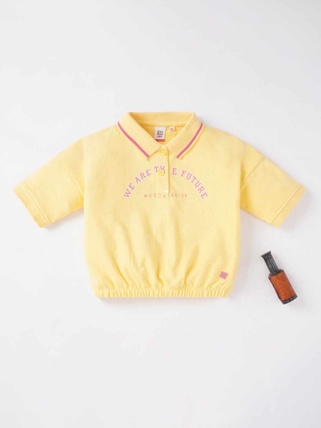 

Ed-a-Mamma Girls Yellow Typography Printed Polo Collar T-shirt