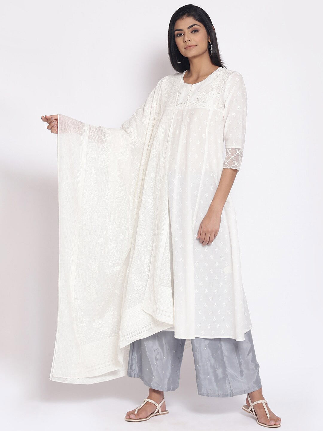 

W White Ethnic Motifs Woven Design Ecru Kota Dupatta