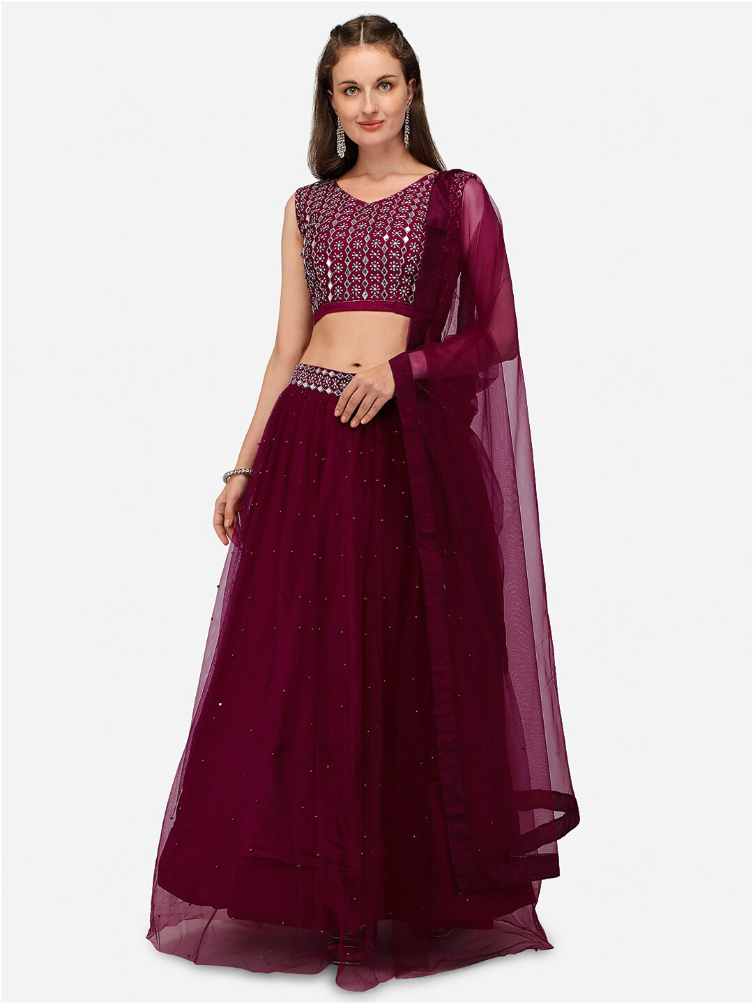 

Mameraa Purple Embellished Semi-Stitched Lehenga & Unstitched Blouse With Dupatta