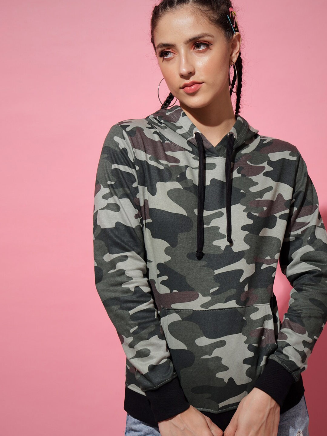 

The Dry State Women Olive Green Printed Hooded Sweatshirt