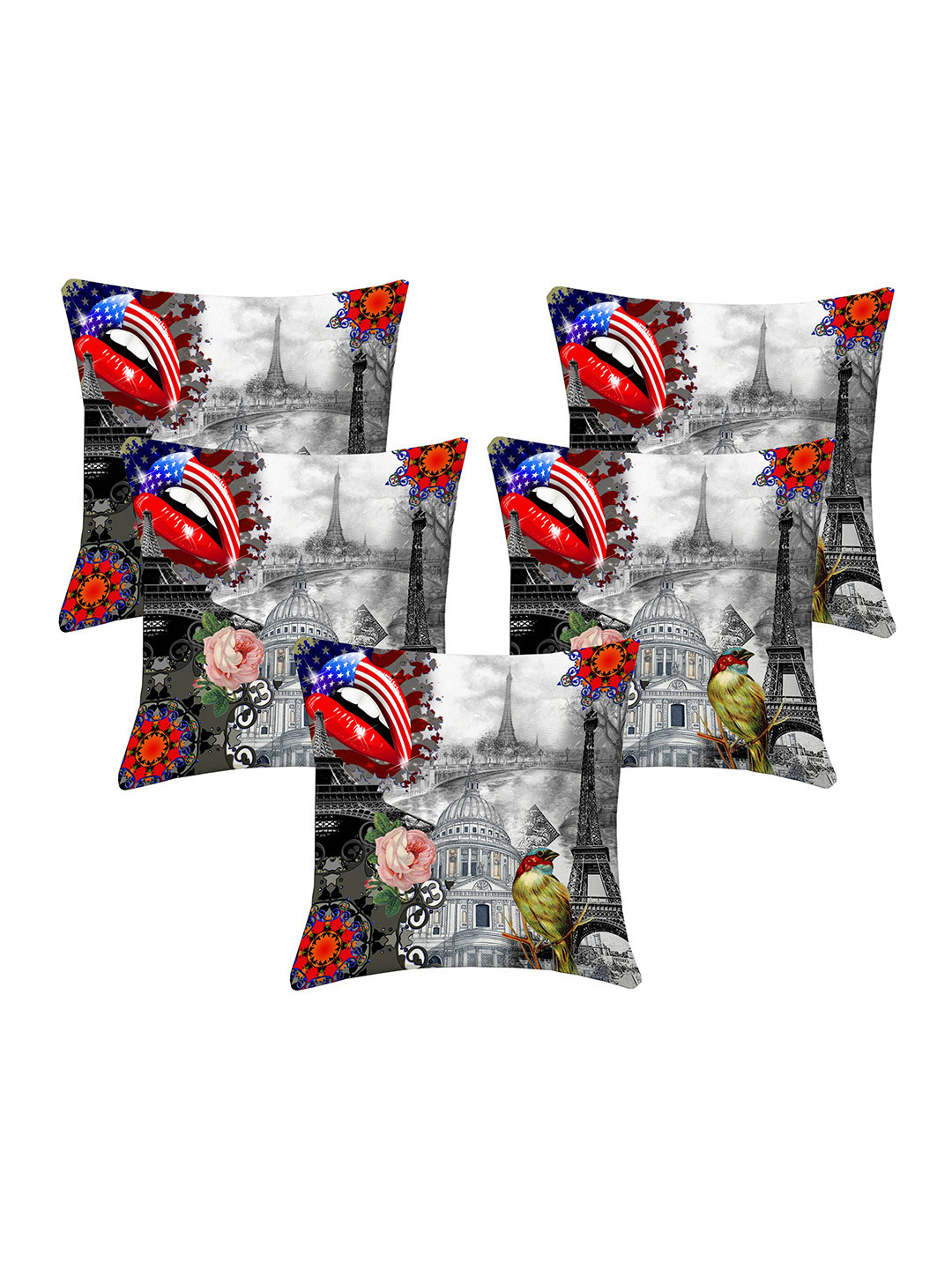 

Lushomes Red & Grey Pack of 5 Abstract Square Cushion Covers
