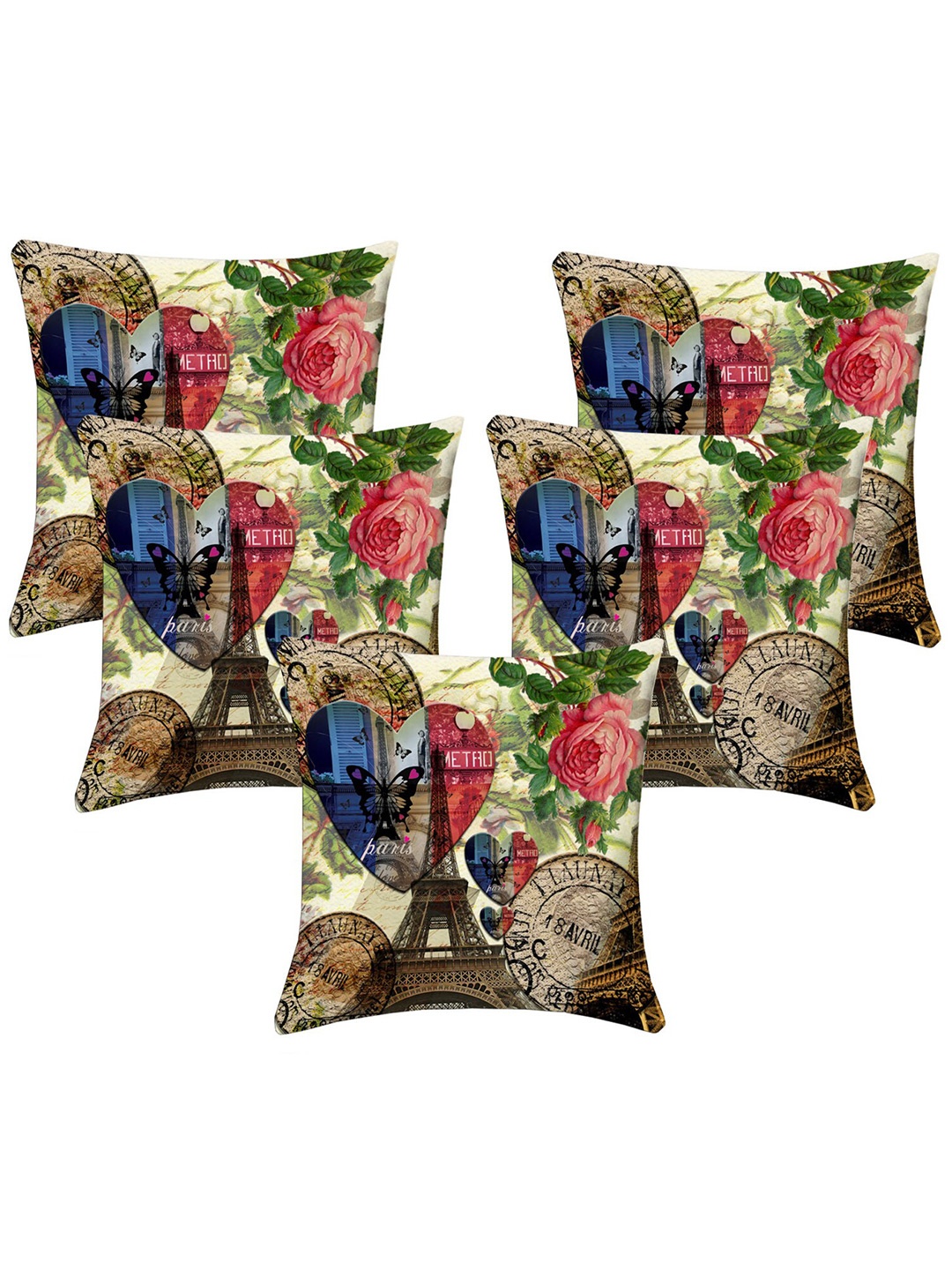 

Lushomes Green & Pink Set of 5 Floral Square Cushion Covers