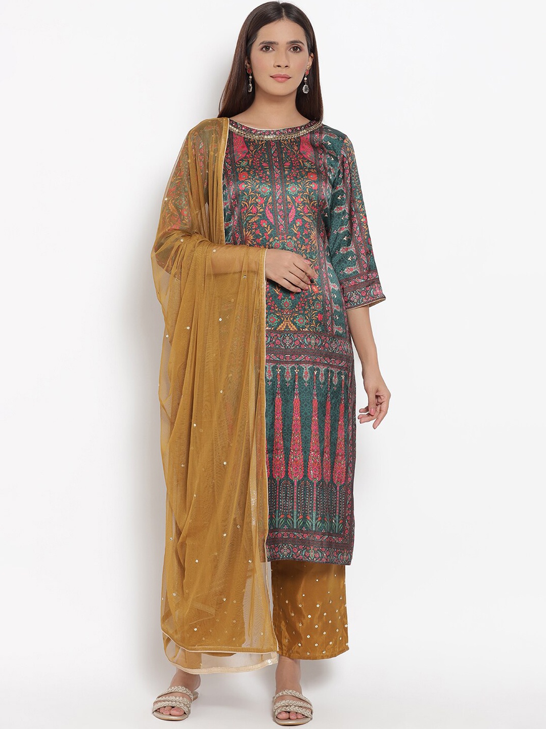 

WISHFUL Women Green Ethnic Motifs Printed Kurta with Palazzos & With Dupatta