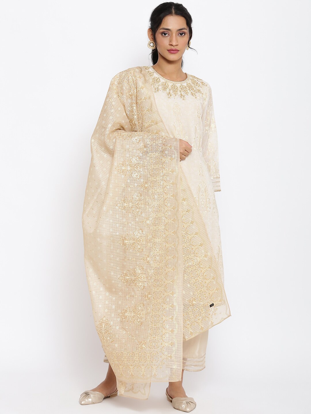 

WISHFUL Women Beige Ethnic Motifs Embroidered Kurta with Trousers & With Dupatta