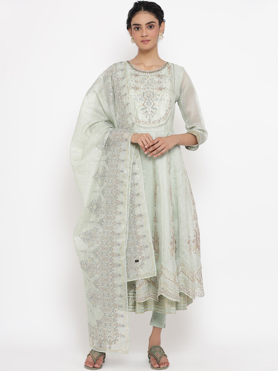 

WISHFUL Women Green Ethnic Motifs Printed Sequinned Kurta with Trousers & With Dupatta