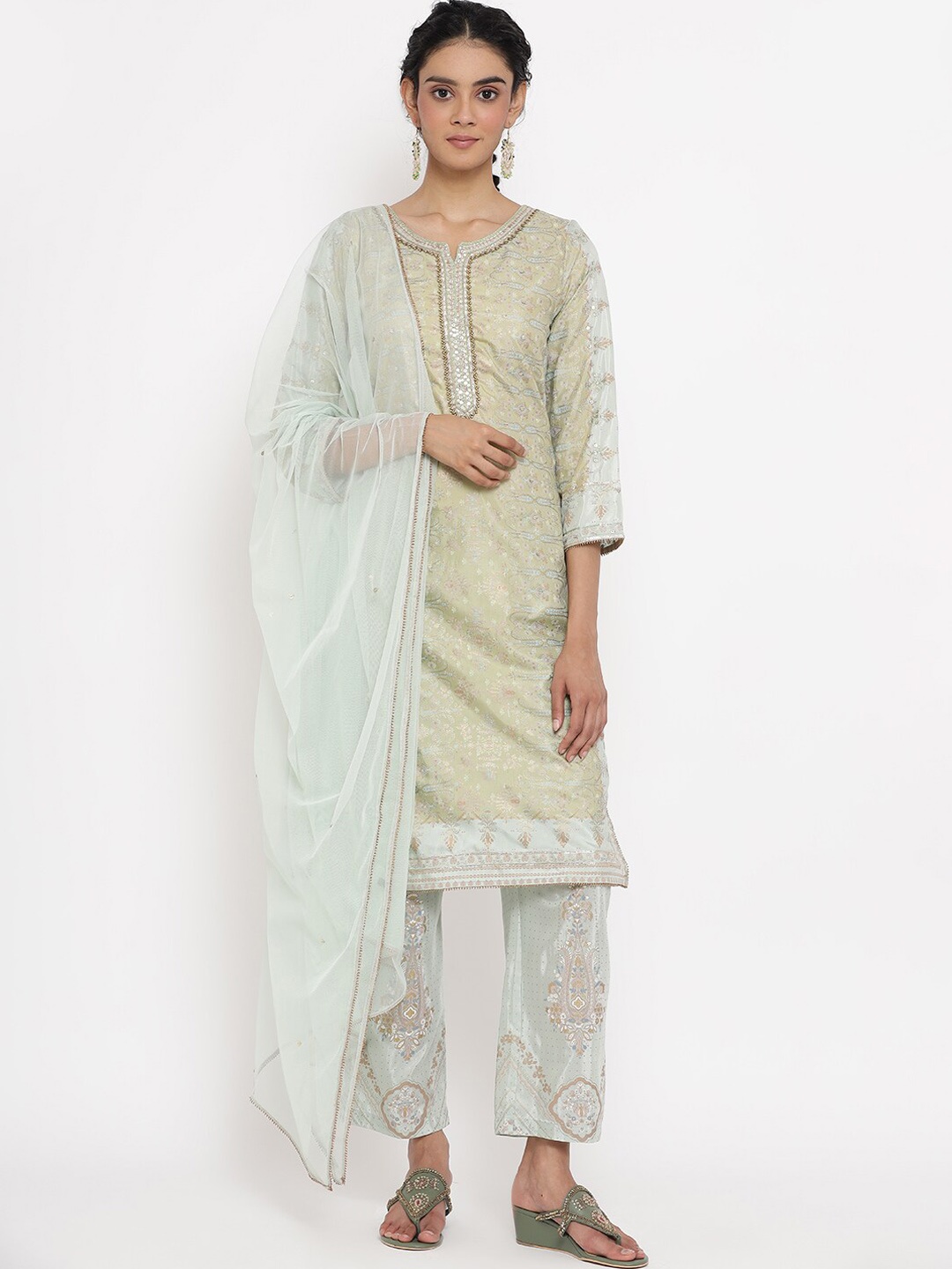 

WISHFUL Women Sea Green Ethnic Motifs Printed Sequinned Kurta with Trousers & With Dupatta