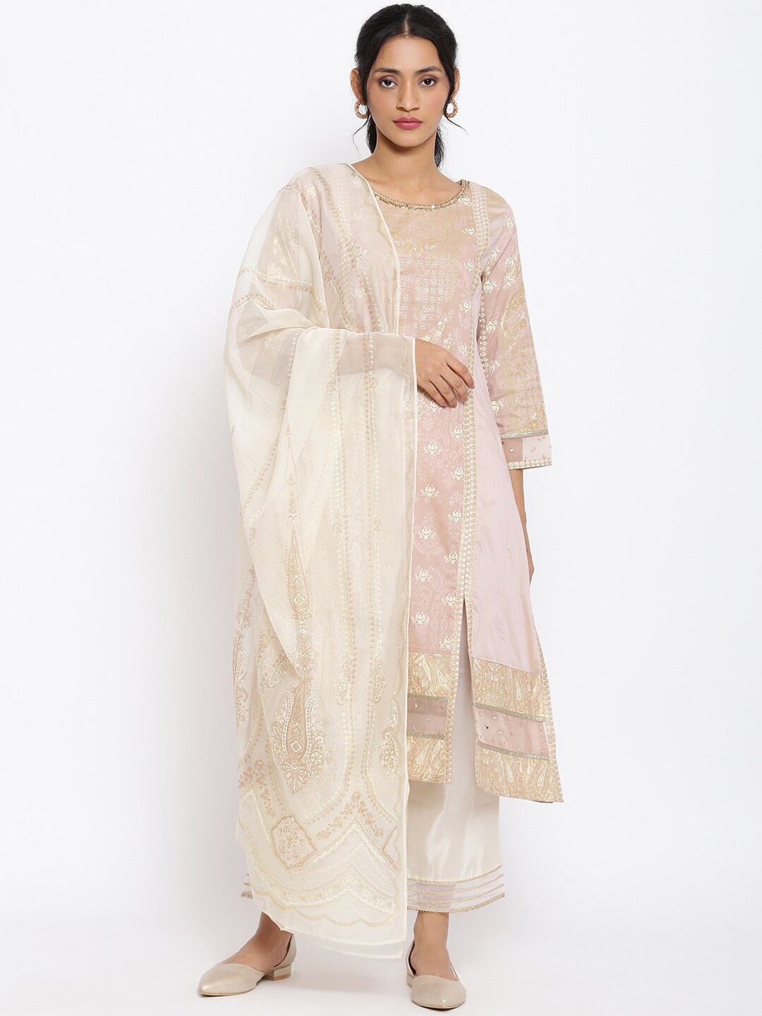 

WISHFUL Women Pink Ethnic Motifs Yoke Design Panelled Gotta Patti Kurta with Trousers & With Dupatta