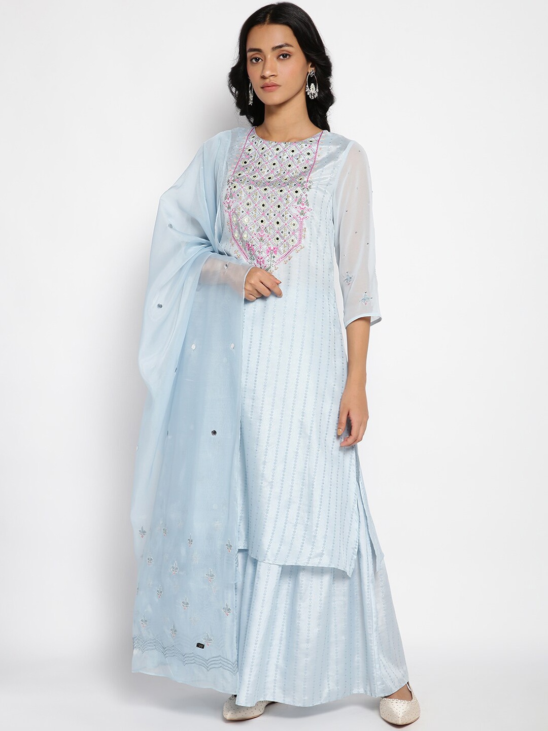 

WISHFUL Women Blue Embroidered Thread Work Kurta with Palazzos & With Dupatta