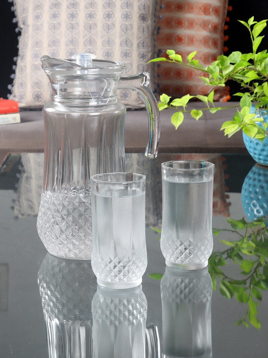 

ceradeco 7 Pieces of Transparent Textured Glass Tumblers & Jug