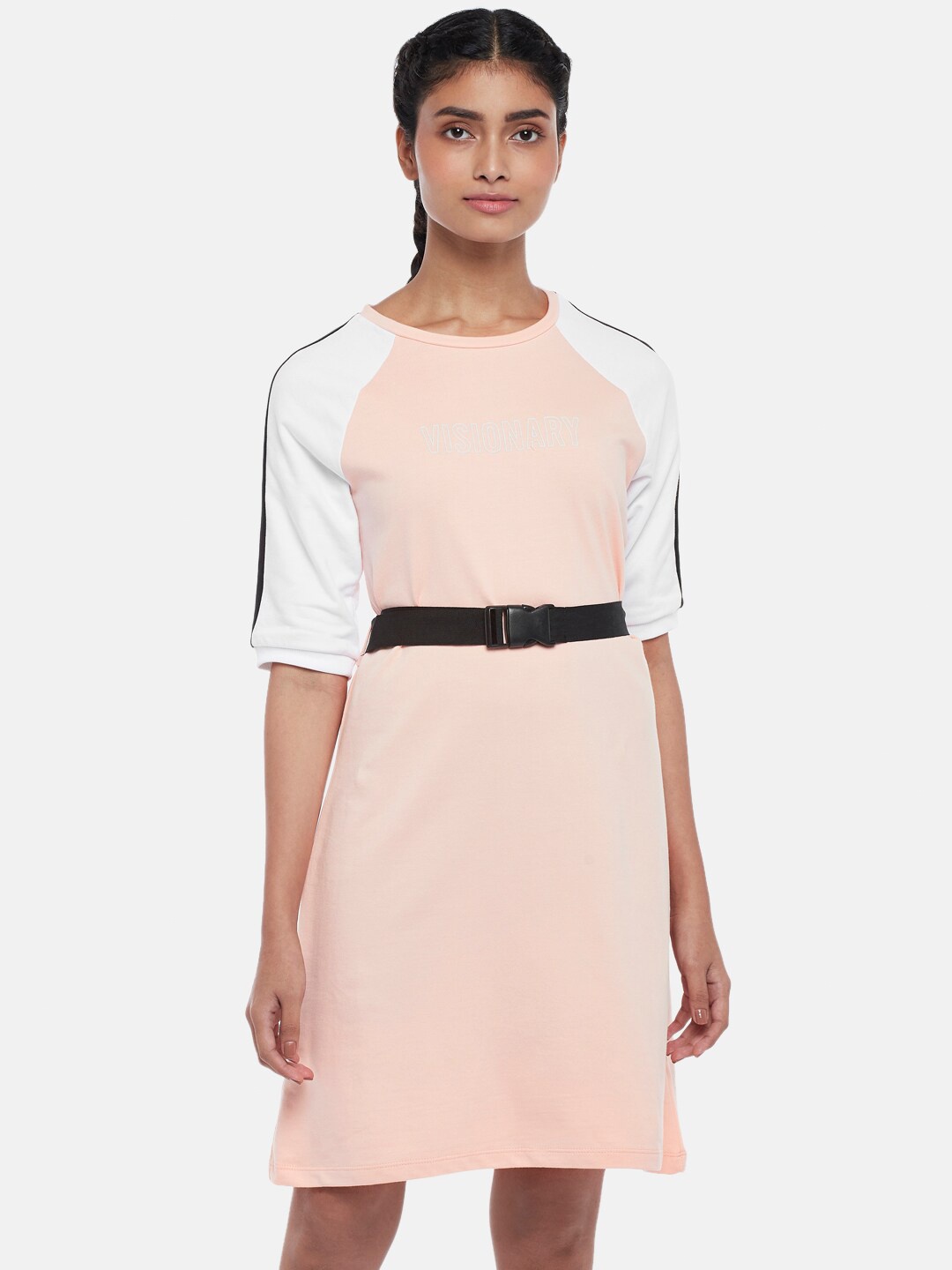 

Ajile by Pantaloons Women Coral & White Colourblocked Cotton A-Line Dress