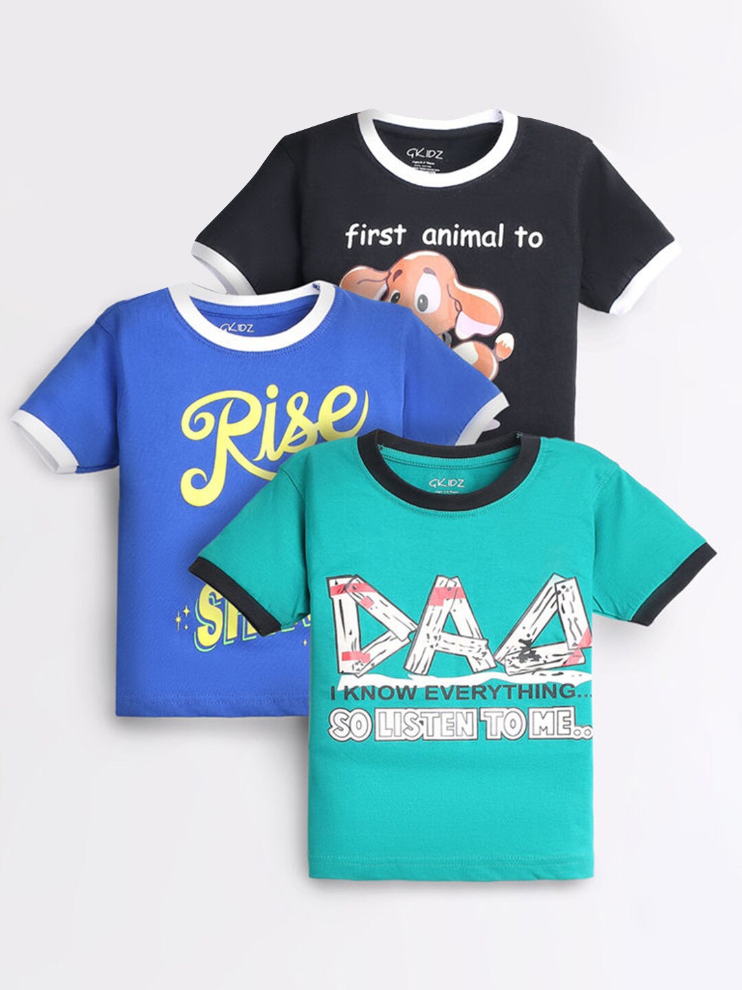 

Hopscotch Boys Blue & Black & Sea Green Set of 3 Typography Printed T-shirt, Multi