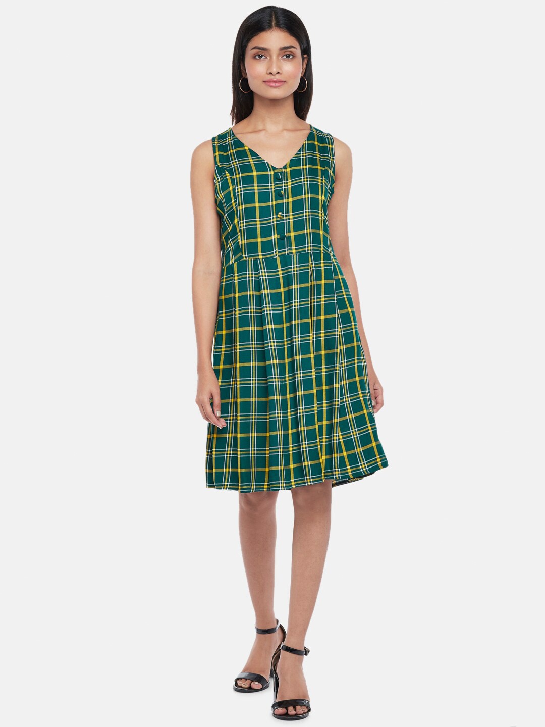 

People Women Green Checked A-Line Dress
