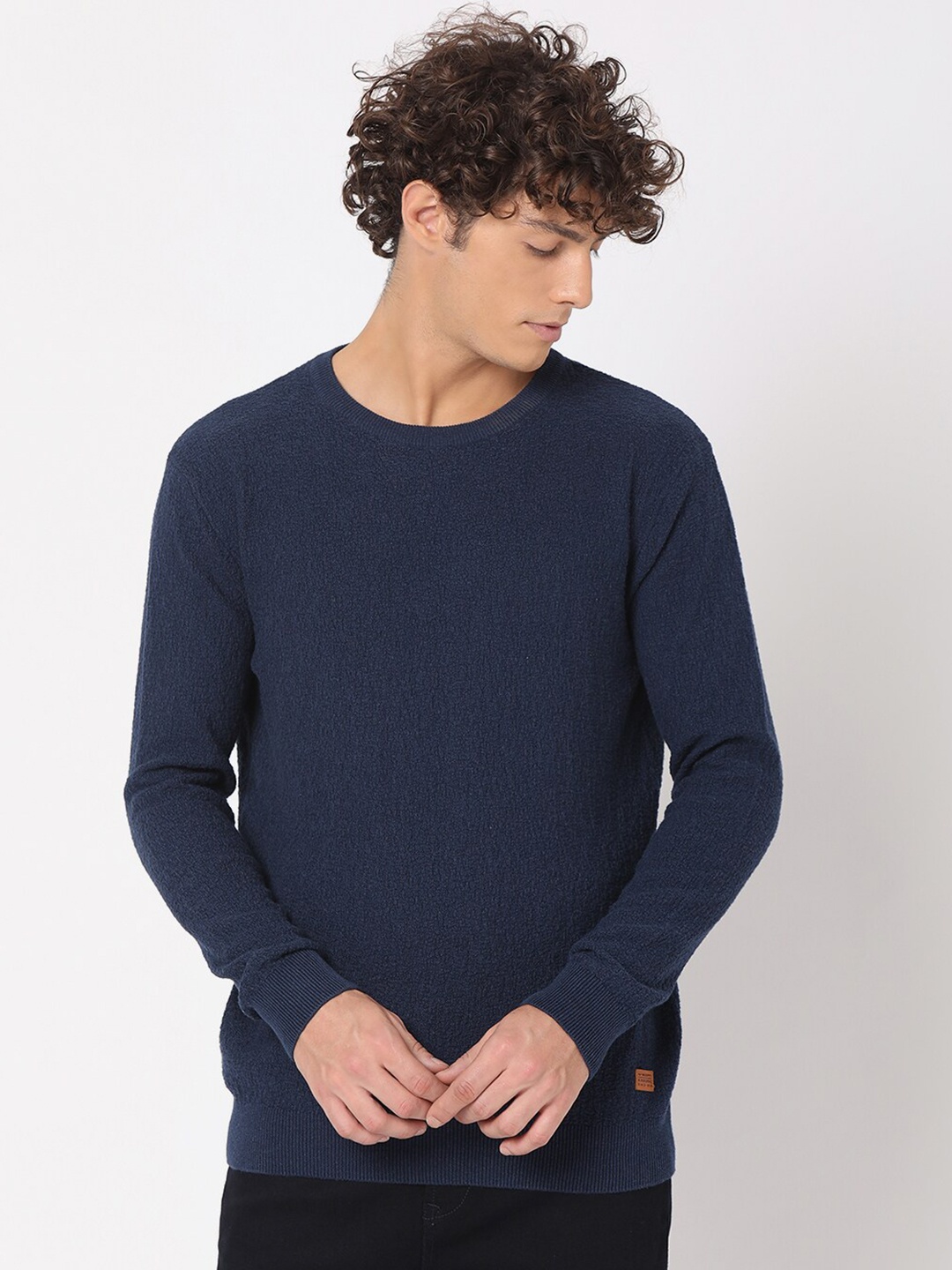 

Mufti Men Navy Blue Self Design Pure Cotton Pullover