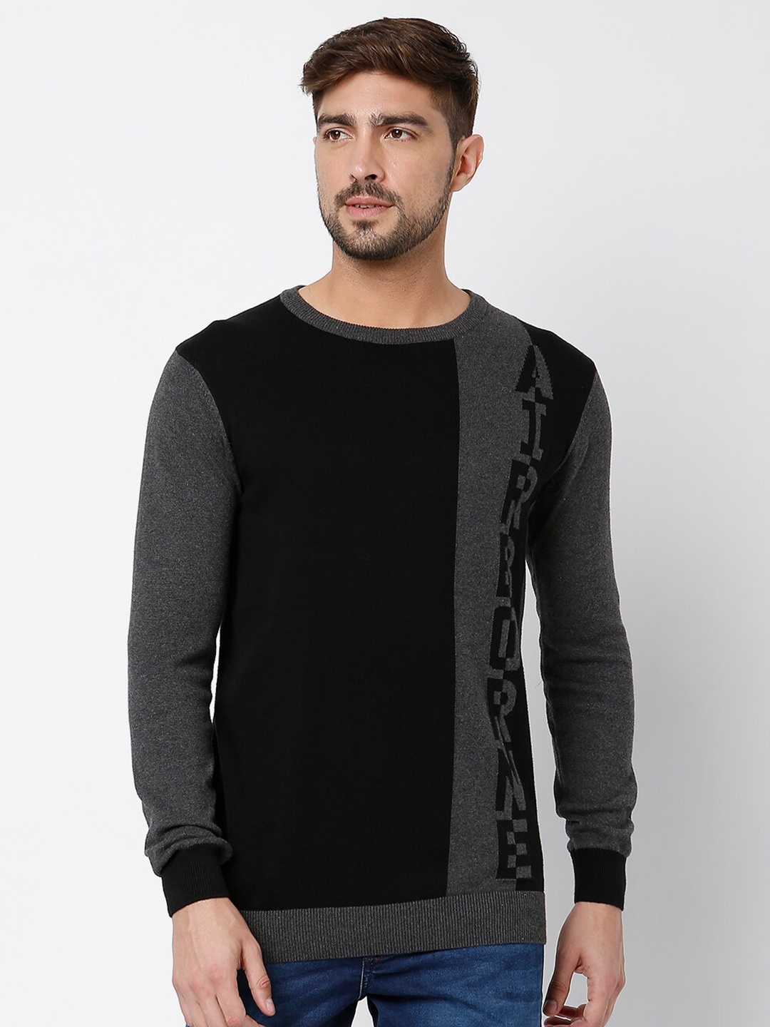 

Mufti Men Black & Grey Colourblocked Pure Cotton Pullover