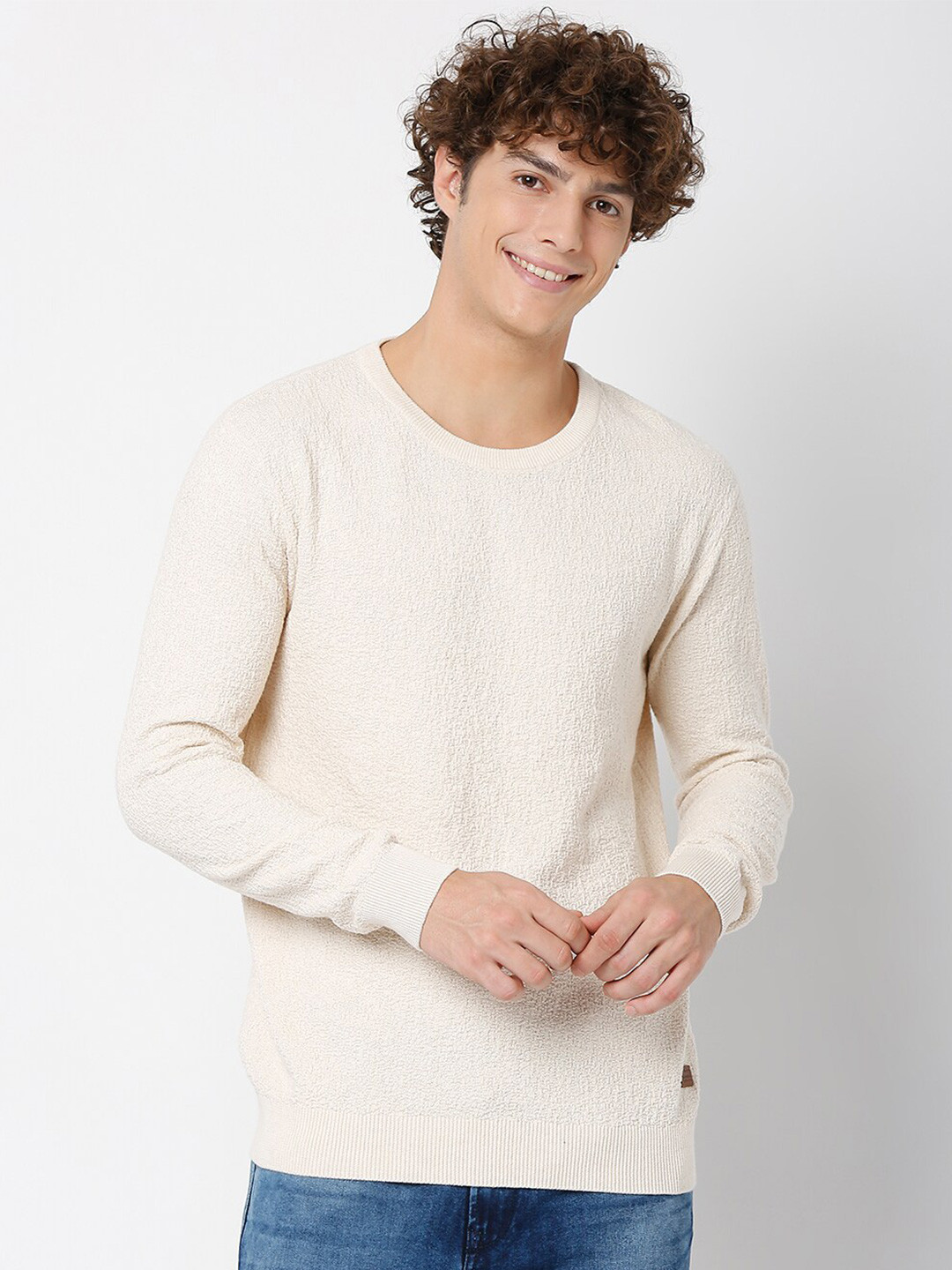 

Mufti Men Beige Solid Cotton Pullover Sweater