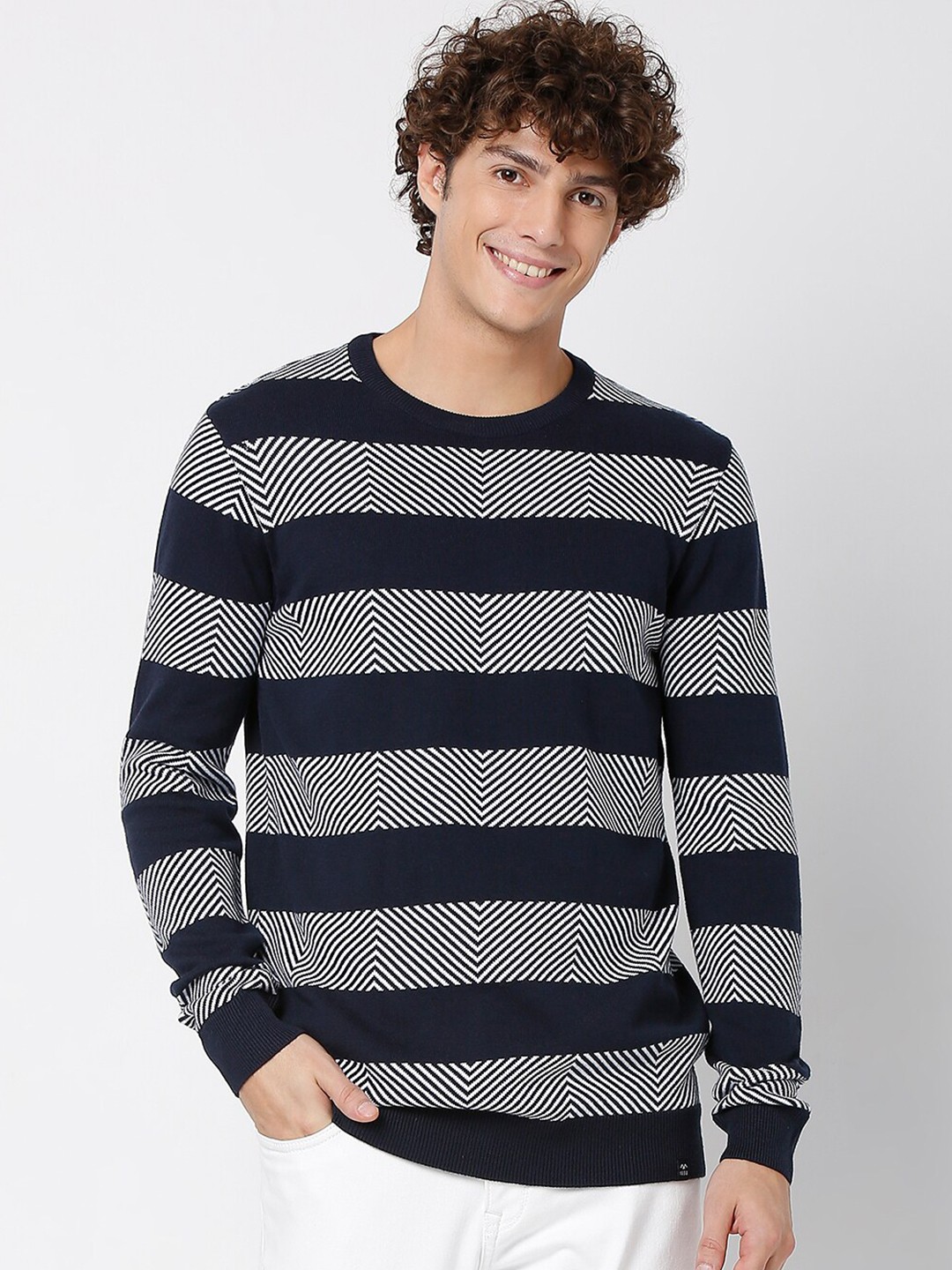 

Mufti Men Navy Blue & White Striped Pullover Sweater