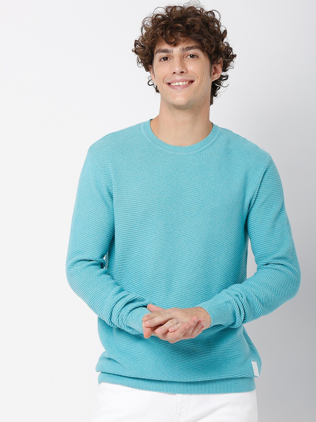 

Mufti Men Blue Solid Round Neck Full Sleeves Pullover