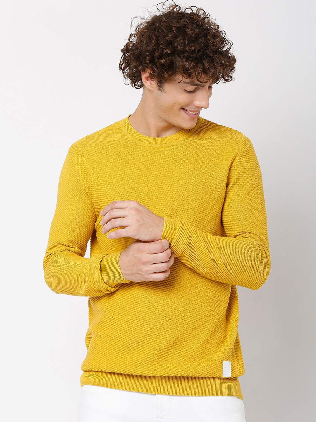 

Mufti Men Mustard Round Neck Pure Cotton Pullover