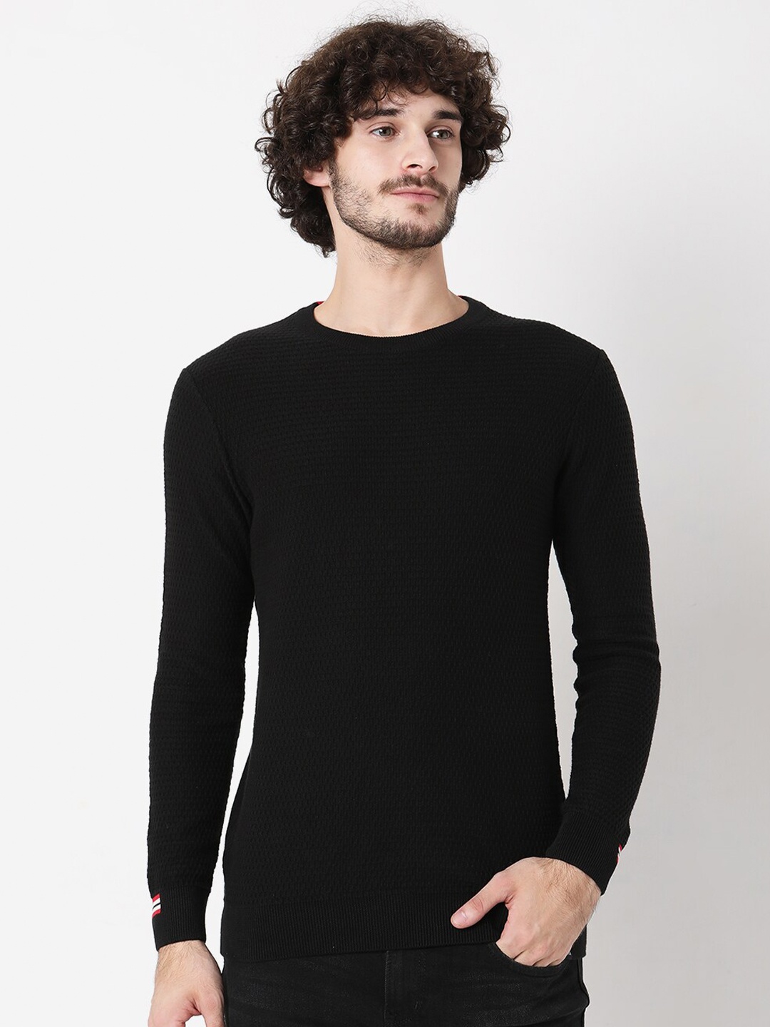 

Mufti Men Black Solid Full Sleeves Pullover