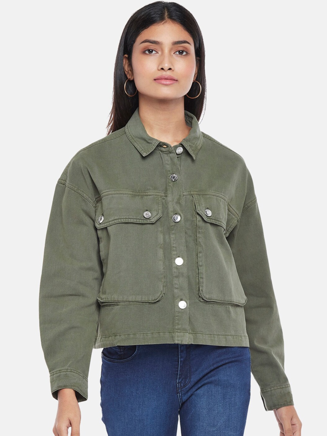 

People Women Olive Green Crop Denim Jacket