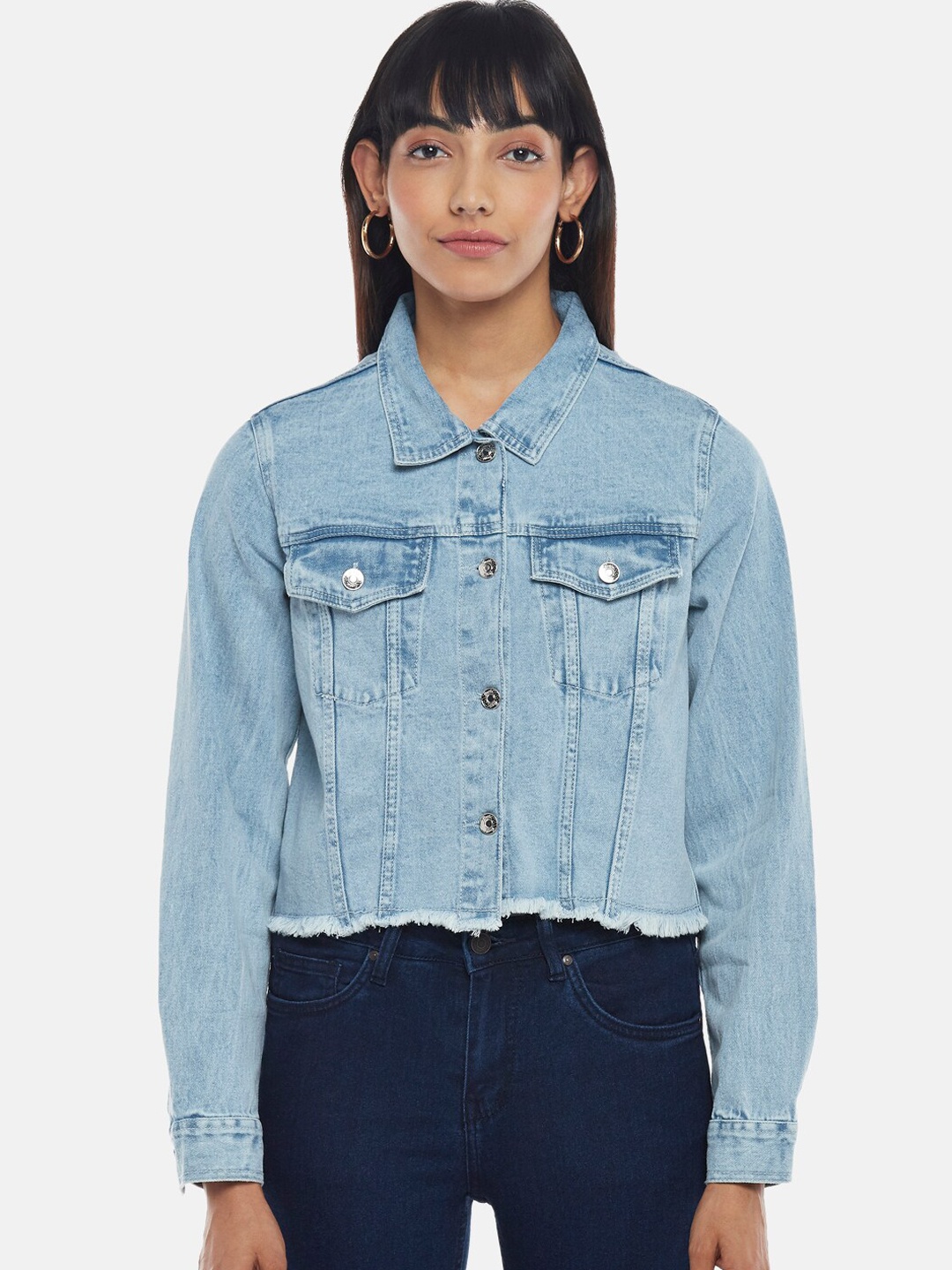 

People Women Blue Washed Crop Denim Jacket