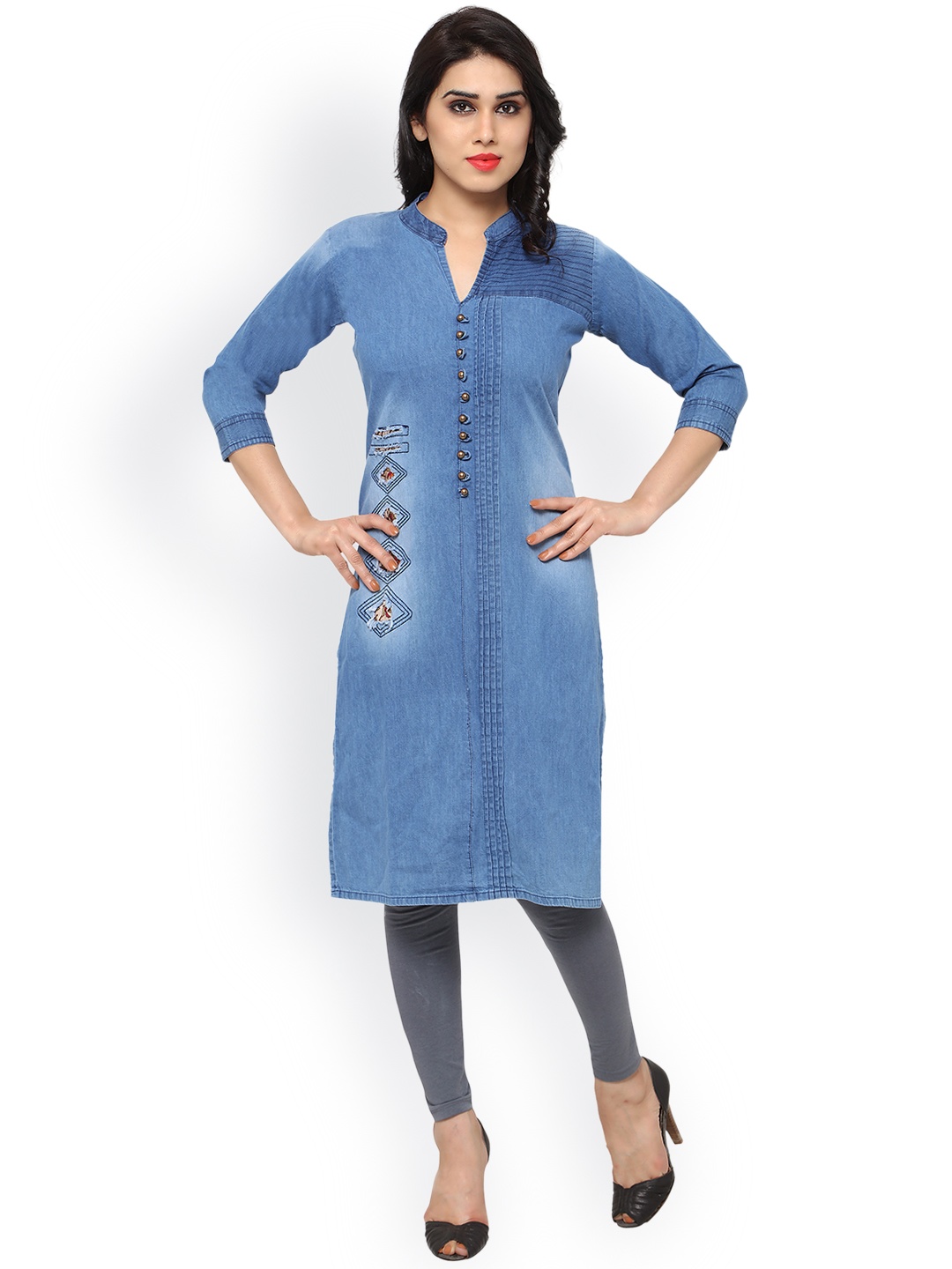 

Kvsfab Women Blue Solid Straight Denim Kurta