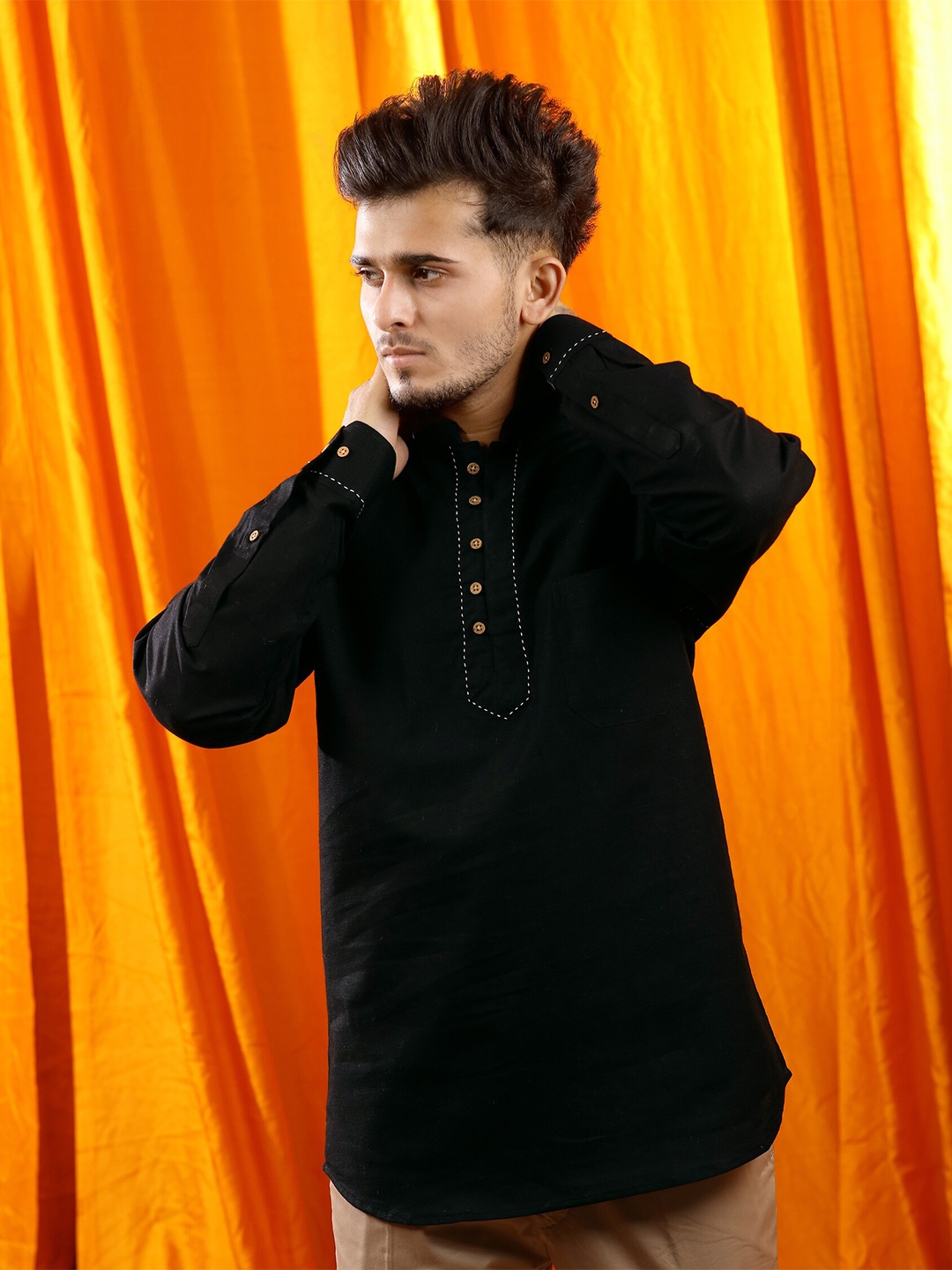 

FRENCH CROWN Men Black Standard Kurta Style Casual Shirt